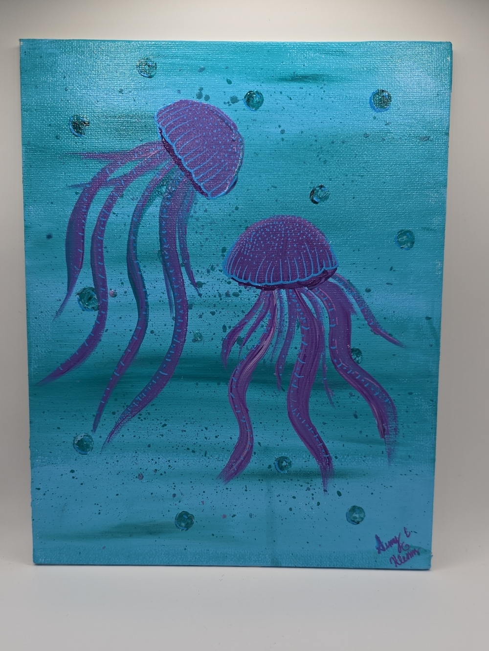Original Art Purple Jellyfish Acrylic Canvas Painting on Turquoise Background